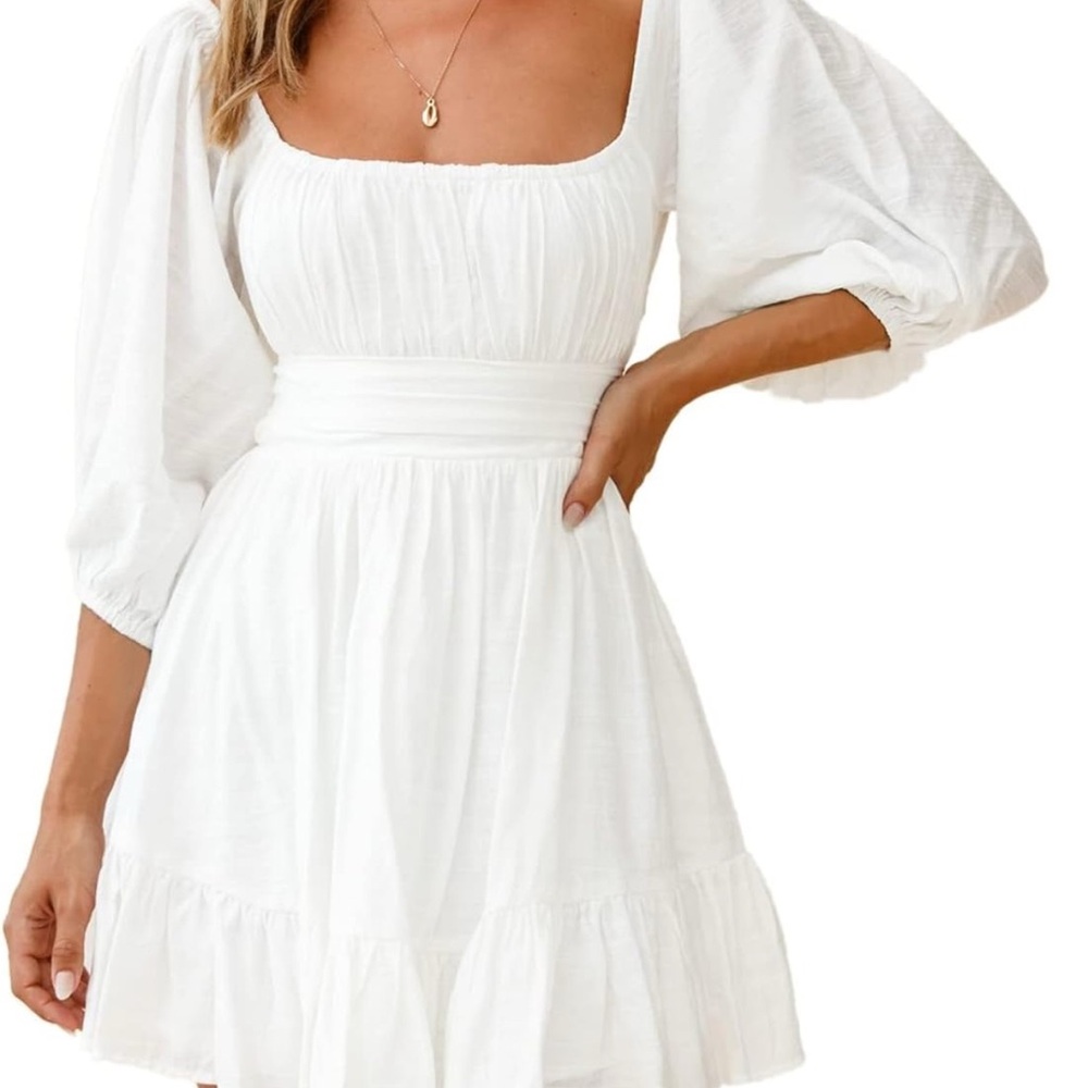 Elegant White Puff Sleeve Dress